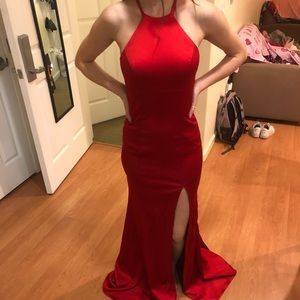 A red silk prom dress